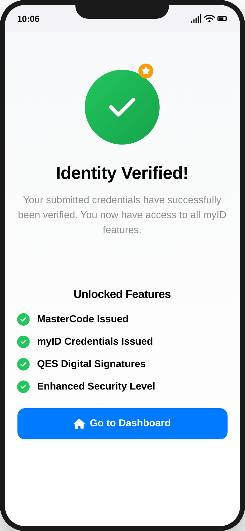 myID app â Verified screen