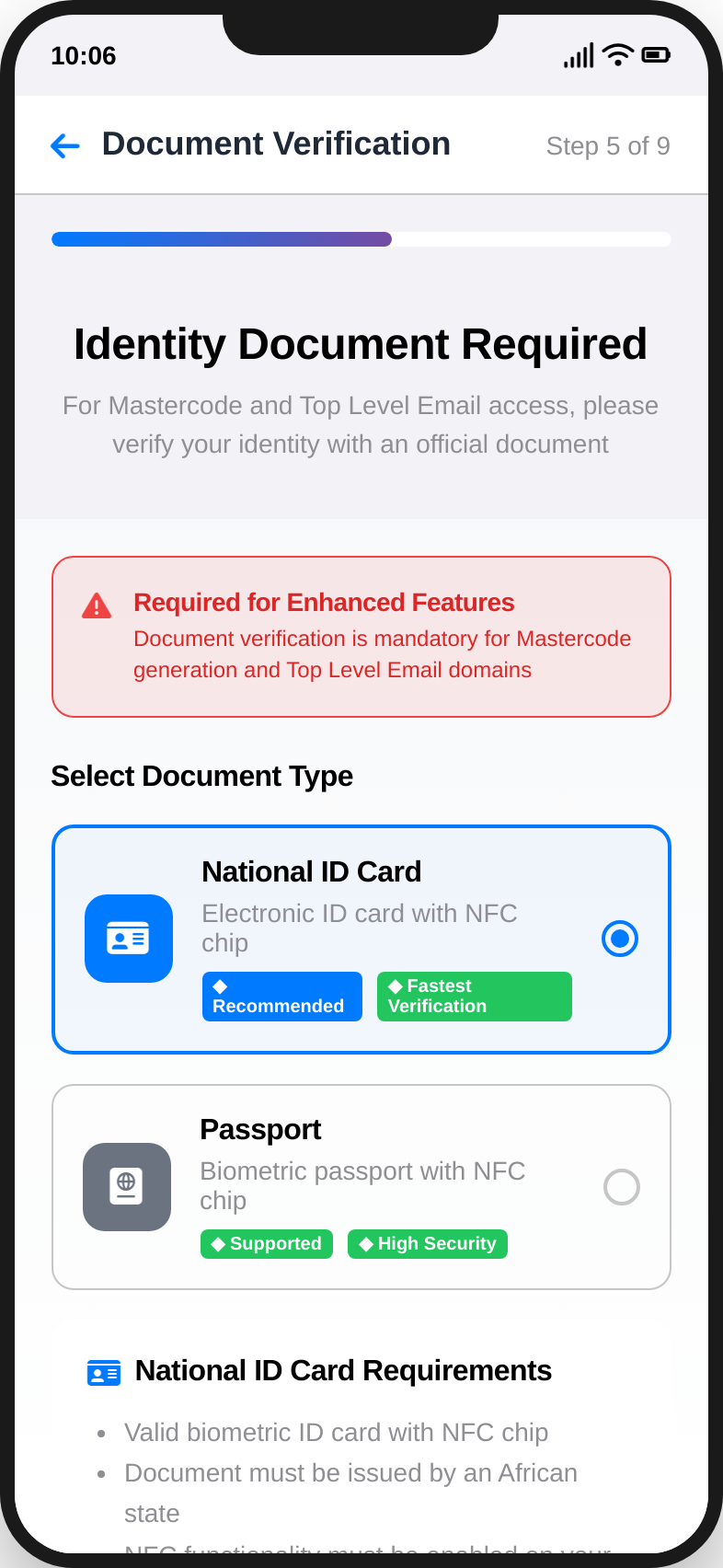 The myID app showing document verification